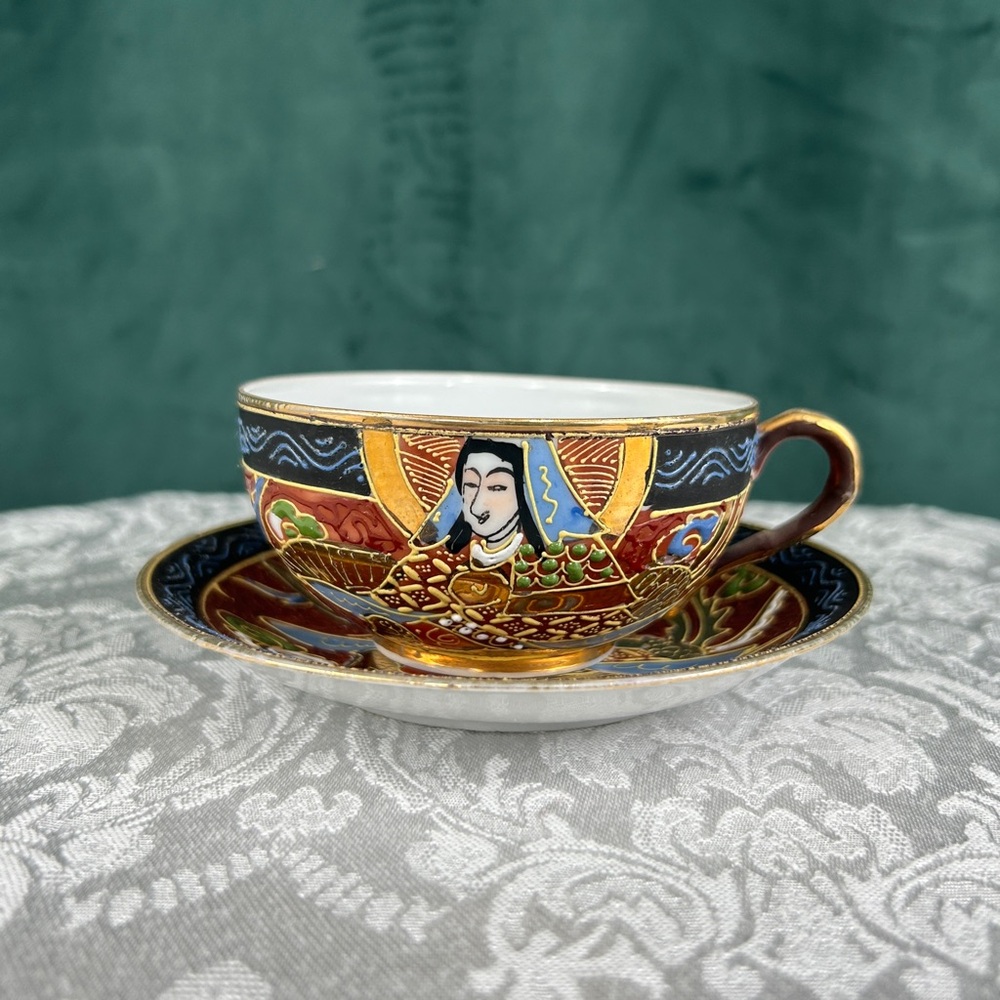 Vintage Japanese Satsuma Hand Painted Teacup and Saucer Set